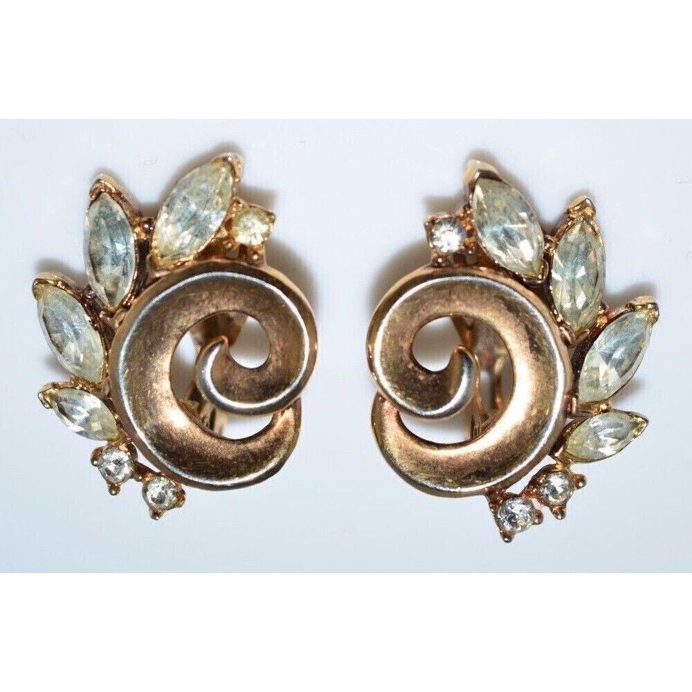 1950 CROWN TRIFARI Alfred Philippe Abstract Clear Rhinestone Earrings